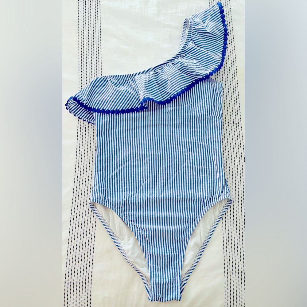 J.Crew Swim One Shoulder Ruffle Blue & White Seersucker Swimsuit in Size 4
